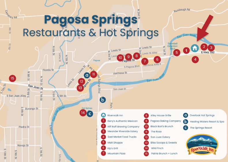 Map of restaurants and hot springs in Pagosa Springs