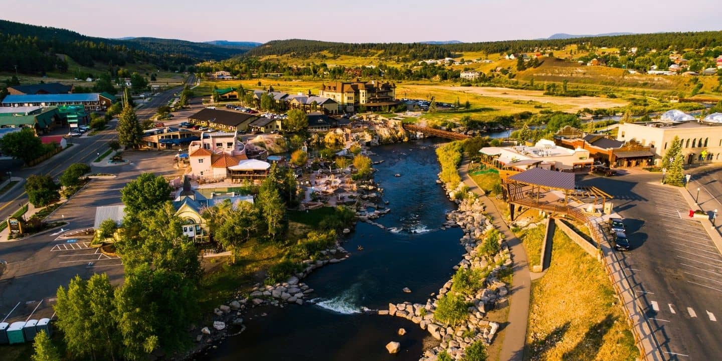 An aerial view of Pagosa Springs, CO