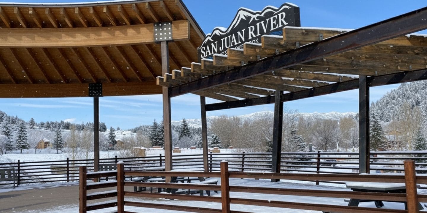 The San Juan Riverwalk in Pagosa Springs covered in snow