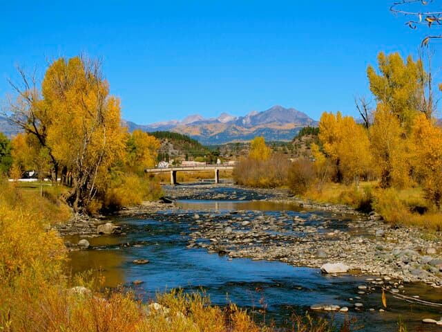 Autumn foliage spread out along the riverbank